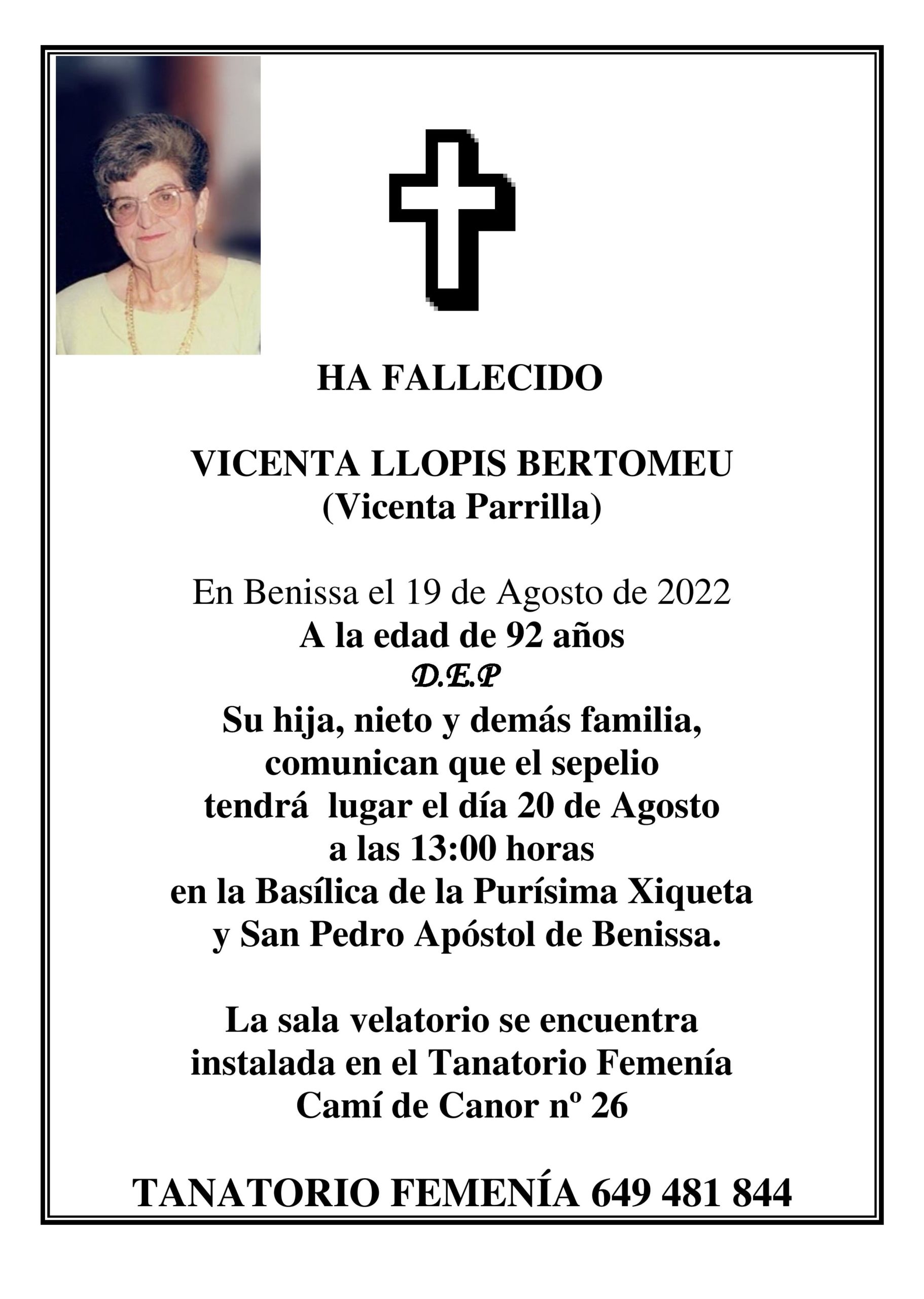 Esquela Vicenta Llopis Bertomeu