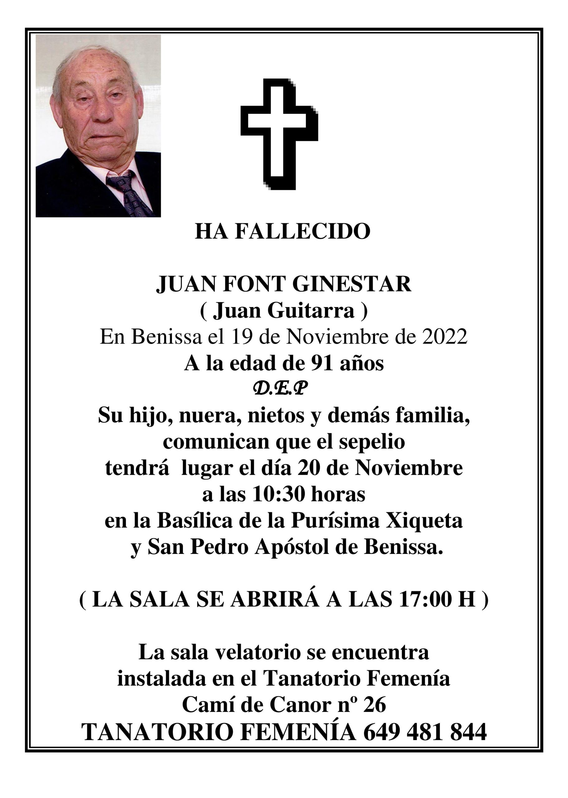 Esquela de Juan Font Ginestar