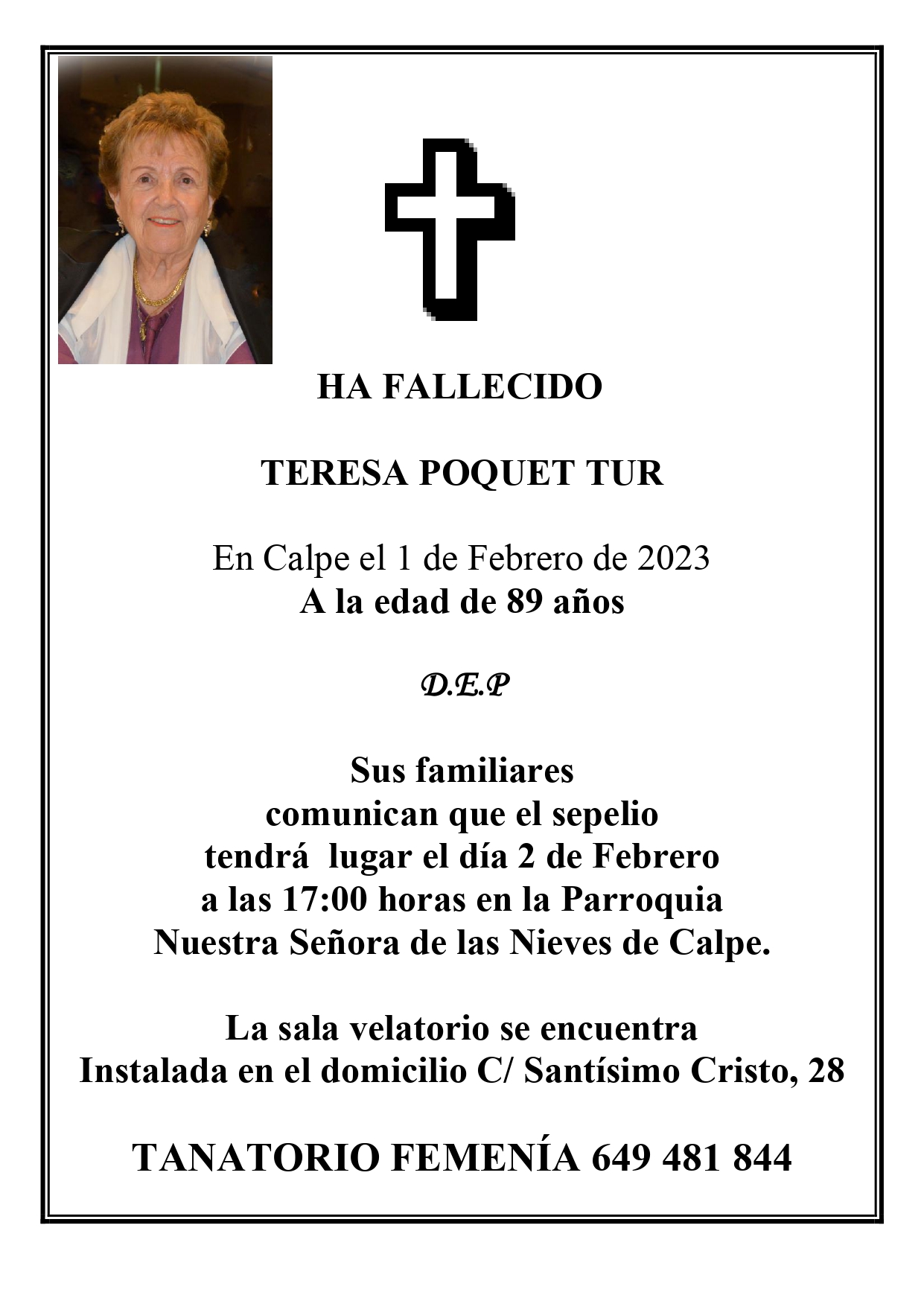 Esquela Calpe Teresa Poquet